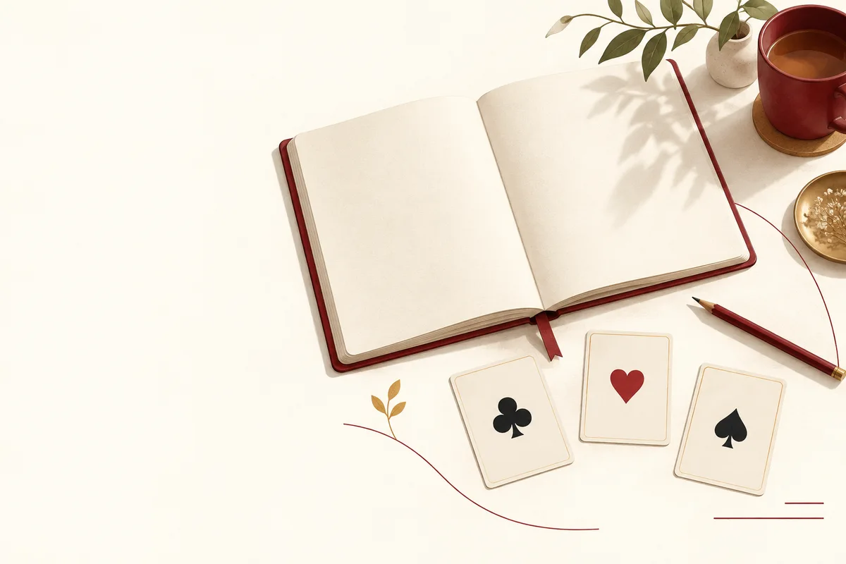 A notebook, pencil and playing cards arranged for learning Teen Patti; editorial illustration.